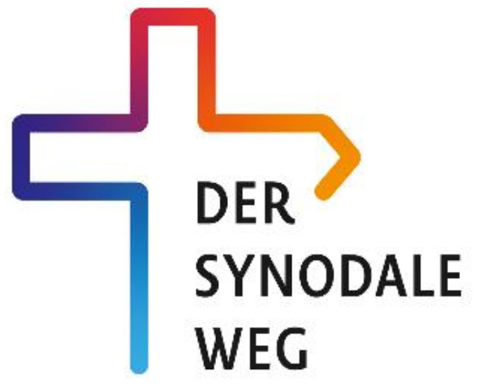 Logo des synodalen Weges: Die Kontur eines Kreuzes in Regenbogenfarben, ein Ende als Pfeil geformt. Rechts unten daneben Text: „Der synodale Weg“